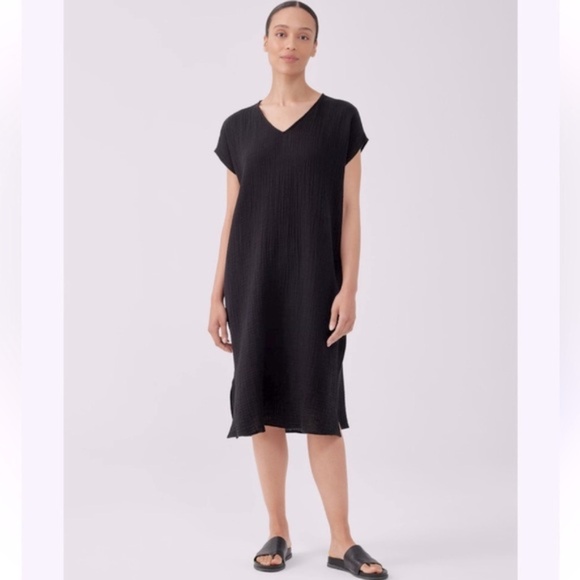 Eileen Fisher Black Organic Cotton Gauze V- Neck Dress, Size PM - Picture 1 of 5
